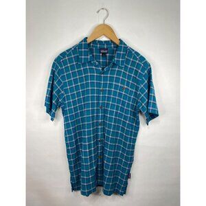 Patagonia Blue Plaid Short Sleeve A/C Shirt Organic Cotton Men's Size Small GUC